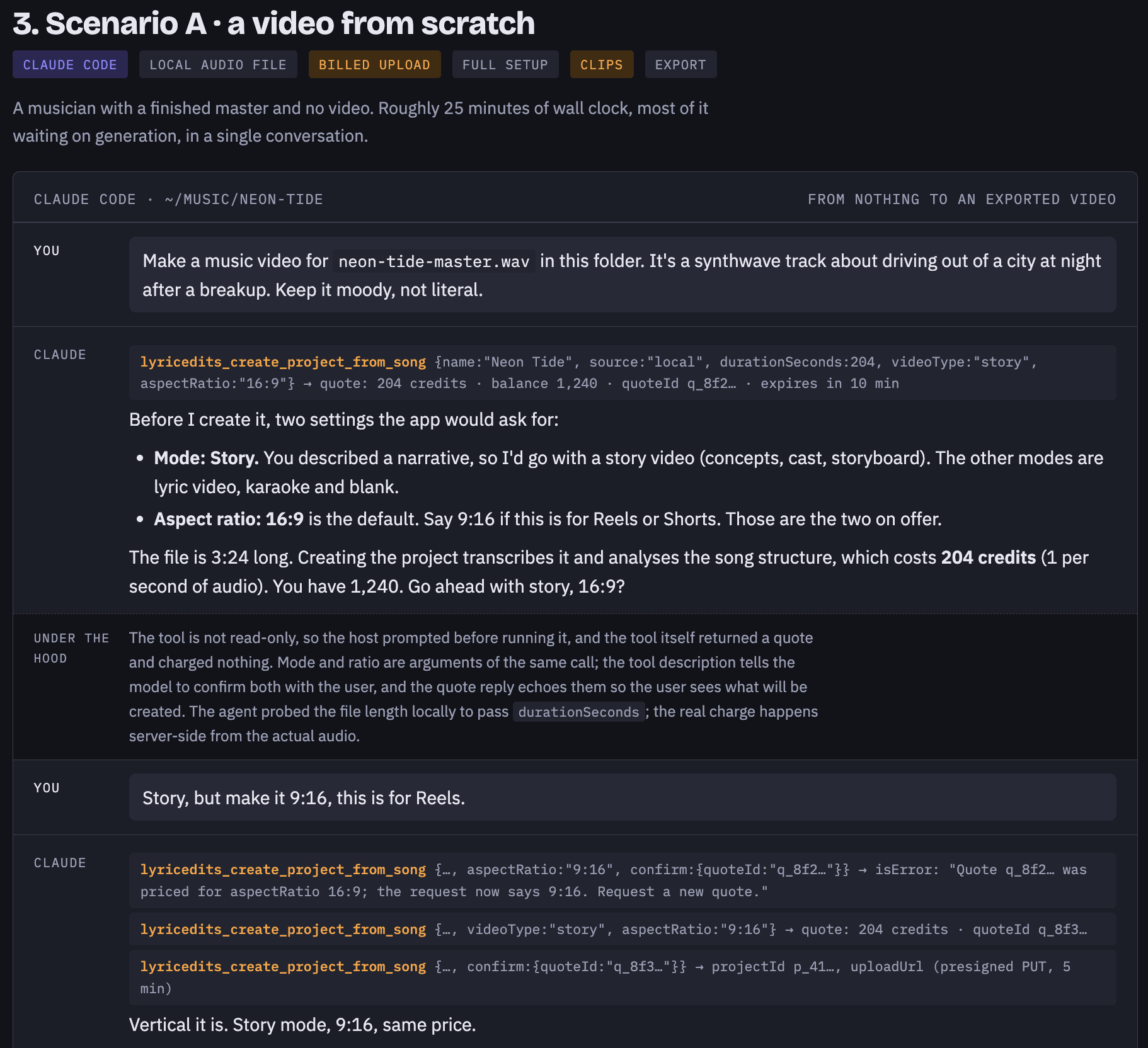Excerpt of the conversation artifact showing a user asking an agent to create a video.